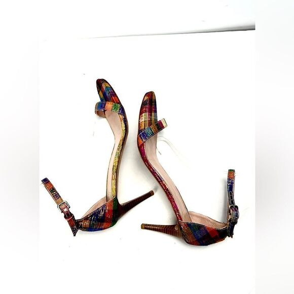 STUART WEITZMAN Metallic Rainbow Plaid Leather Ankle Strap Nunaked Sandals 9,5 - Picture 8 of 15